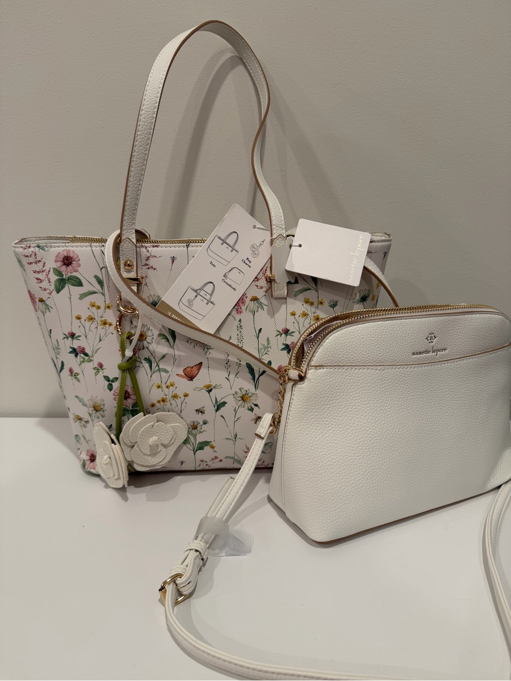 Nanette Lepore White Floral Tote with Removable White Crossbody Pouch